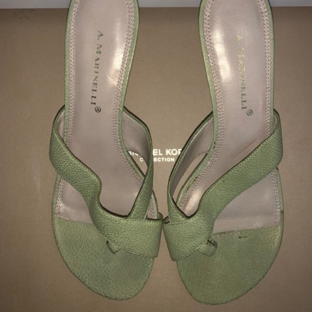 A Marinelli Lime Green Leather Thong Heels